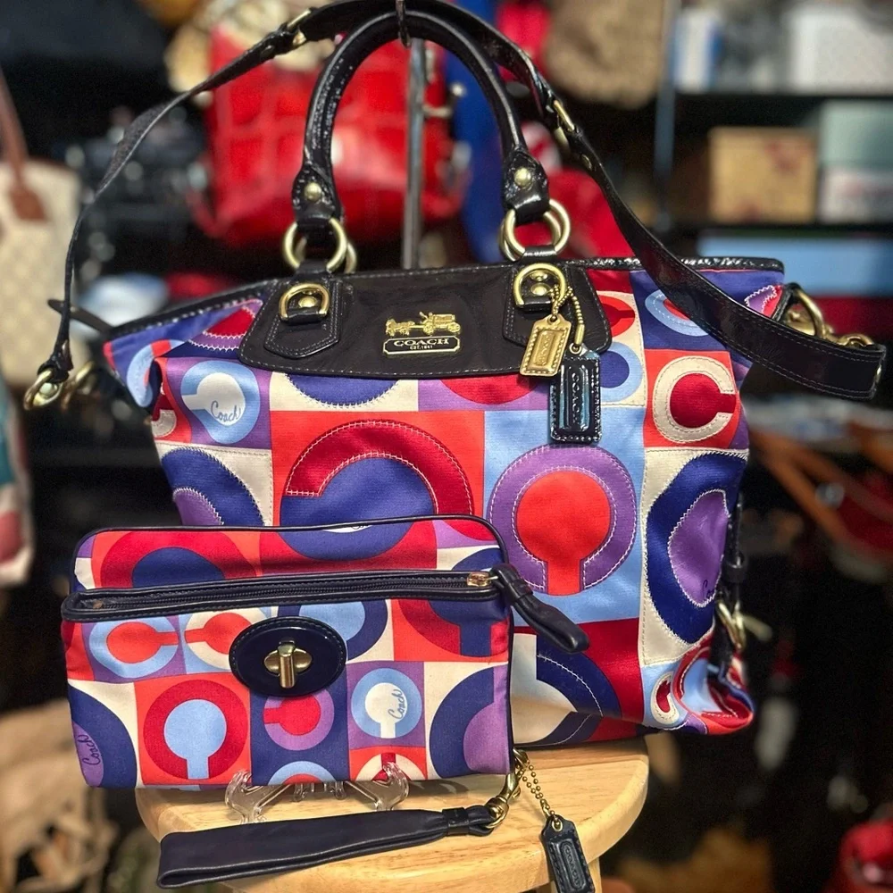 2008 SET Coach Madison Op Art Julianne Shoulder Bag w/ Fold-over Clutch Wristlet - Picture 1 of 15